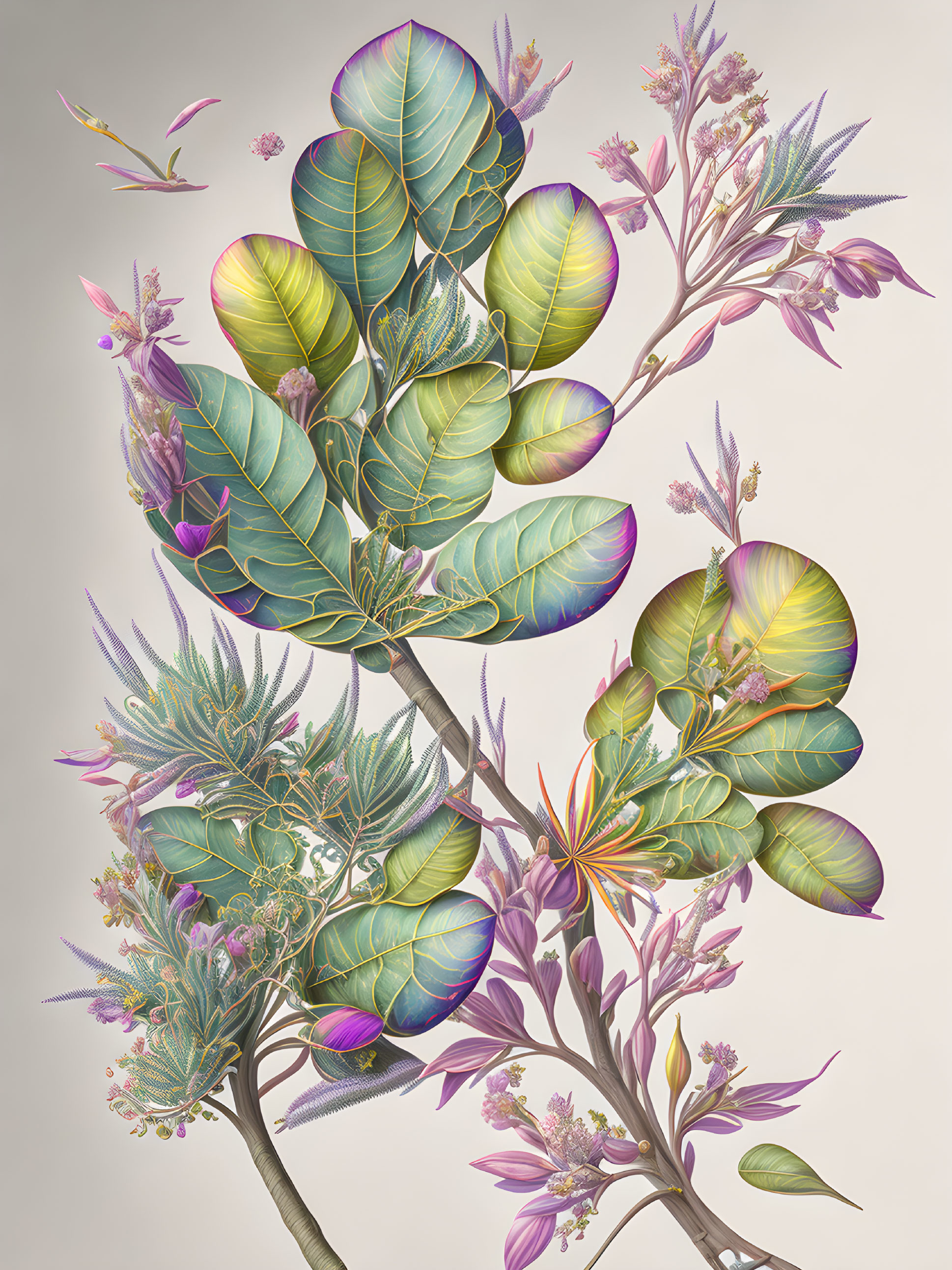 Botanical artwork featuring lush green leaves and delicate purple flowers