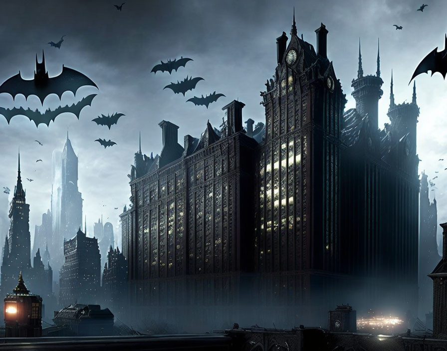 Gothic-style building in eerie cityscape with flying bats silhouette