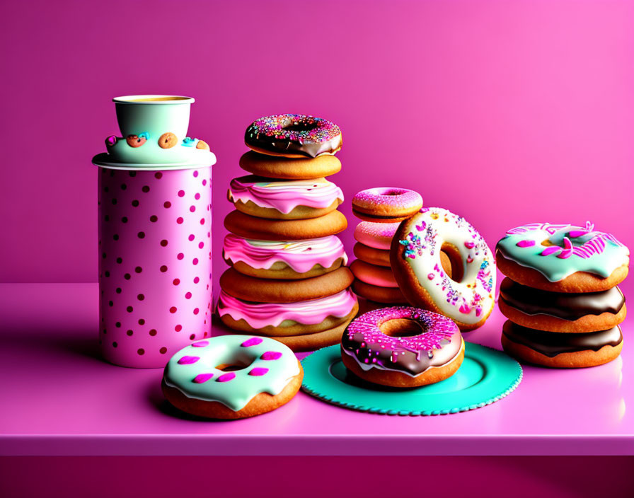 Assortment of colorful decorated donuts on polka-dotted container, pink background