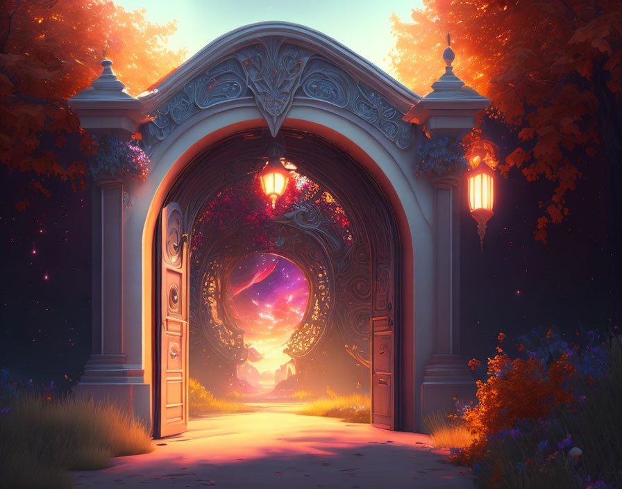 Ornate Open Gate to Magical Landscape with Glowing Lamps and Floating Islands