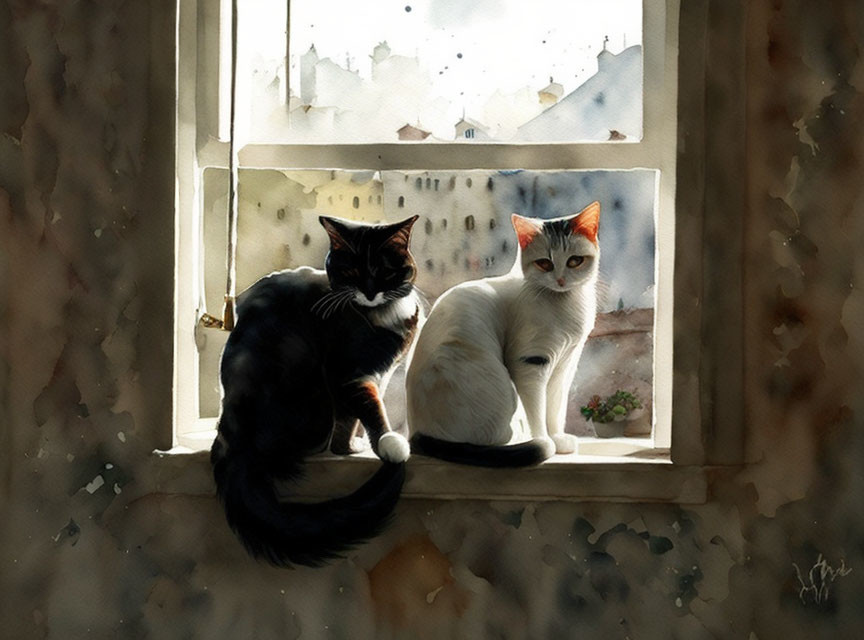 Two Cats Sitting on Windowsill Looking at Town