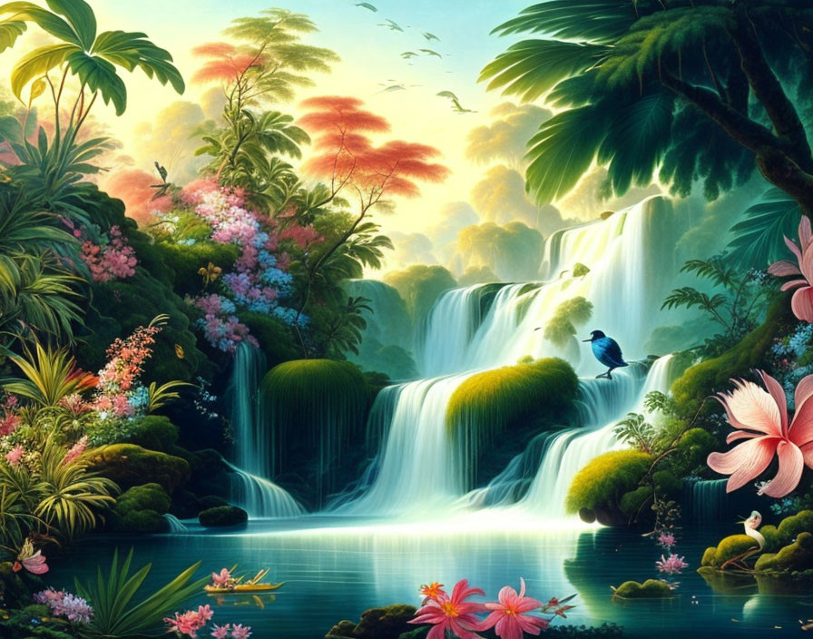 Lush tropical landscape with waterfalls and vibrant flora