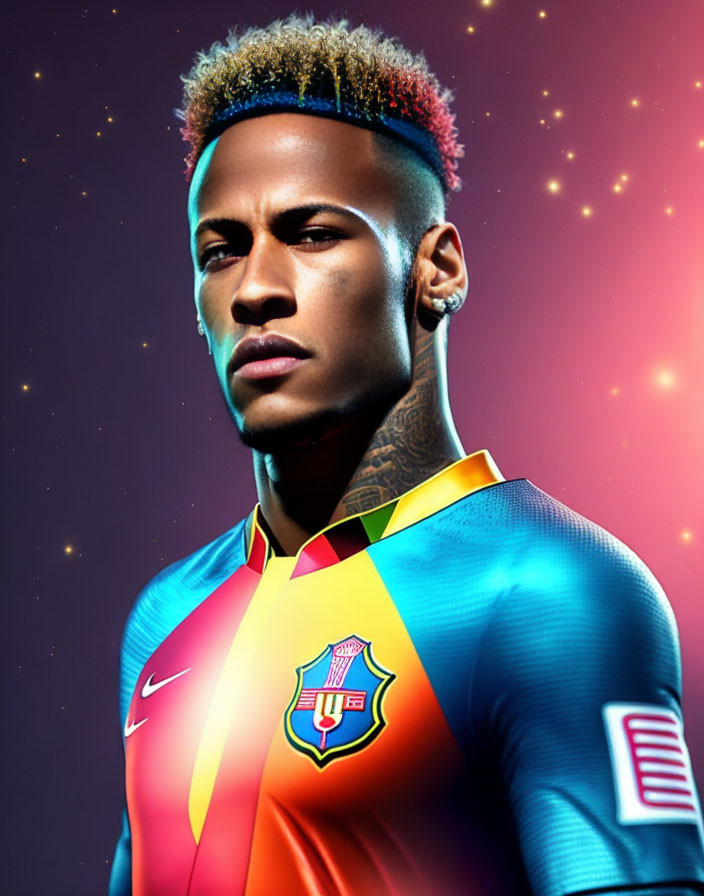 Blond Mohawk Person in Colorful Soccer Jersey on Starry Background