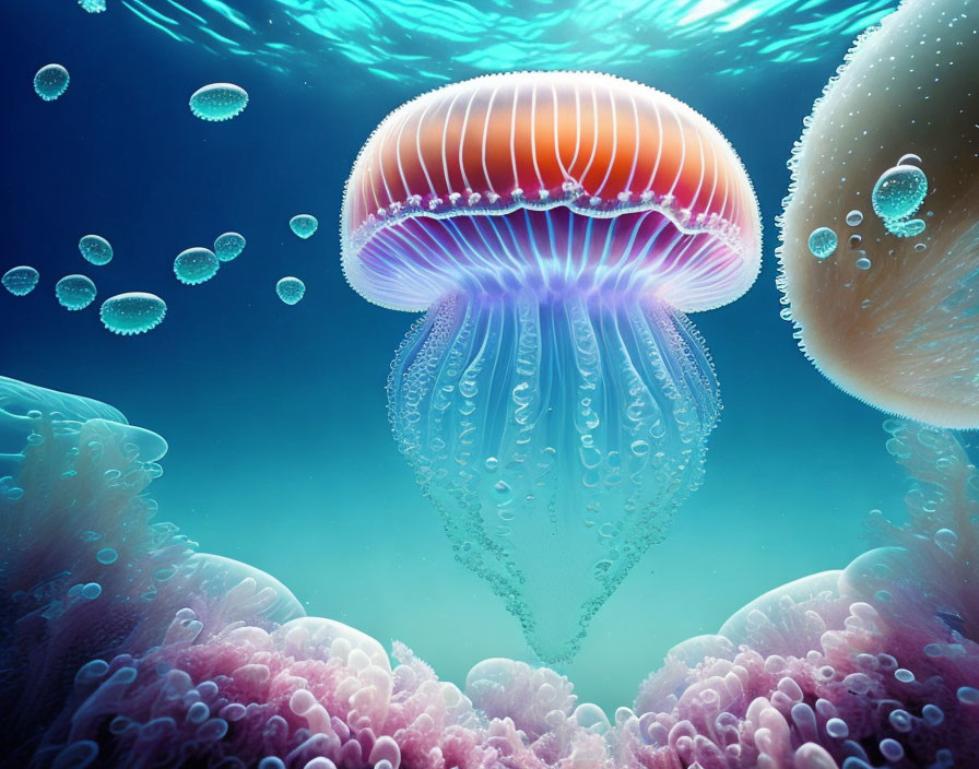Colorful Jellyfish Among Bubbles and Coral Formations in Underwater Scene