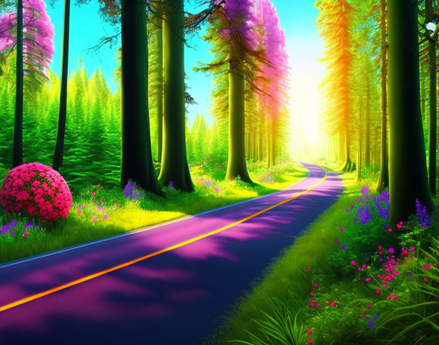 Colorful Forest with Sunlit Road and Tall Trees