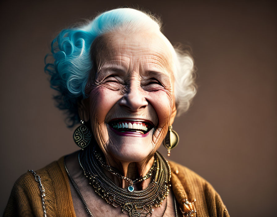 Elderly woman with blue hair, stylish earrings, brown outfit