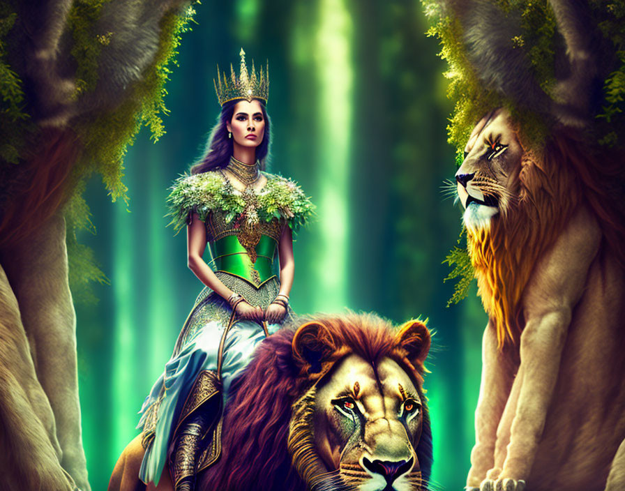Regal woman in crown and green attire with lions in mystical forest