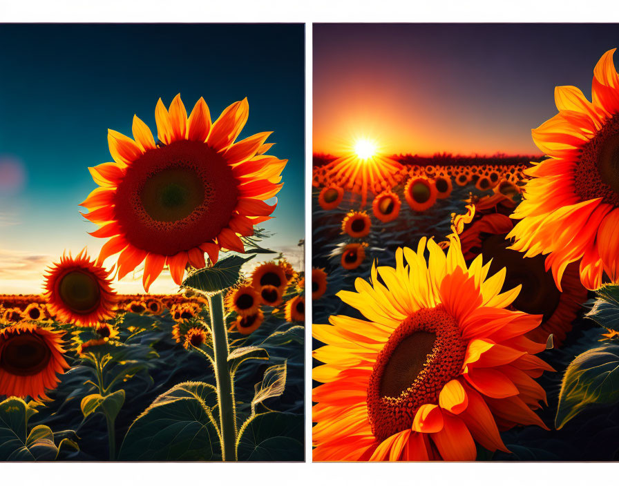Sunflower Fields Diptych at Sunset with Clear Sky