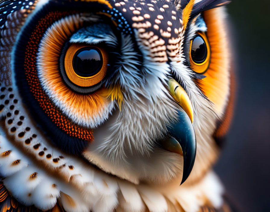 Detailed Close-up of Owl's Vivid Orange Eyes and Speckled Feathers