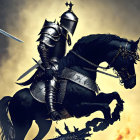 Armored knight on black horse wields sword under fiery sky