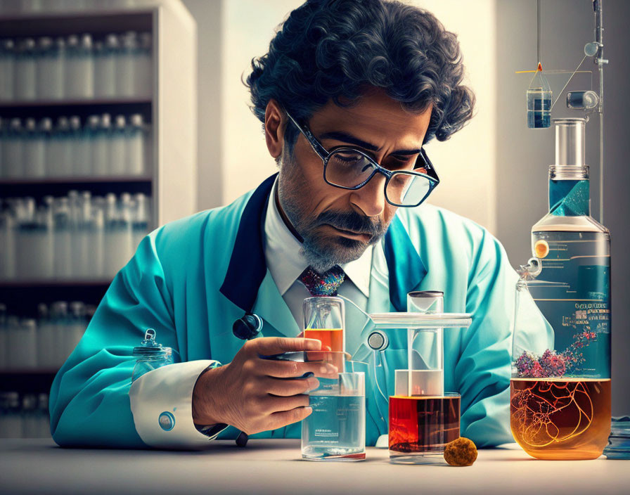 Scientist with glasses analyzing flask in colorful lab setting