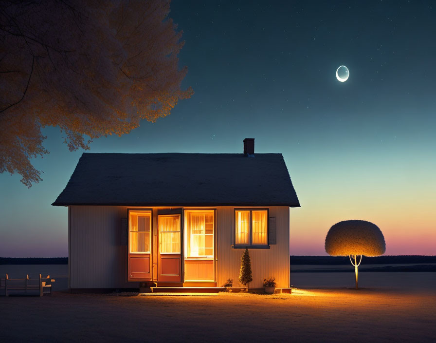 Tranquil Night Landscape with Illuminated House, Moon, and Stars