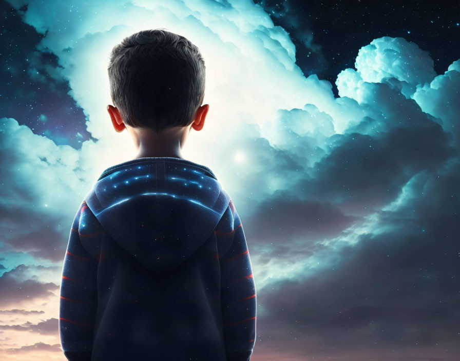 Young child gazing at majestic night sky filled with stars and clouds