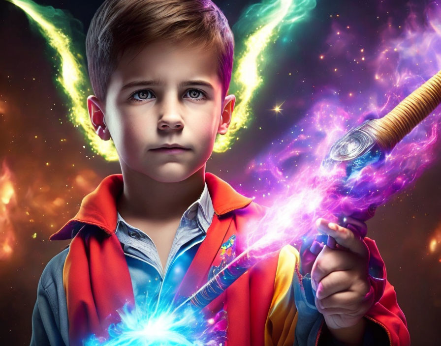 Young boy with intense eyes holding glowing magical wand in cosmic setting