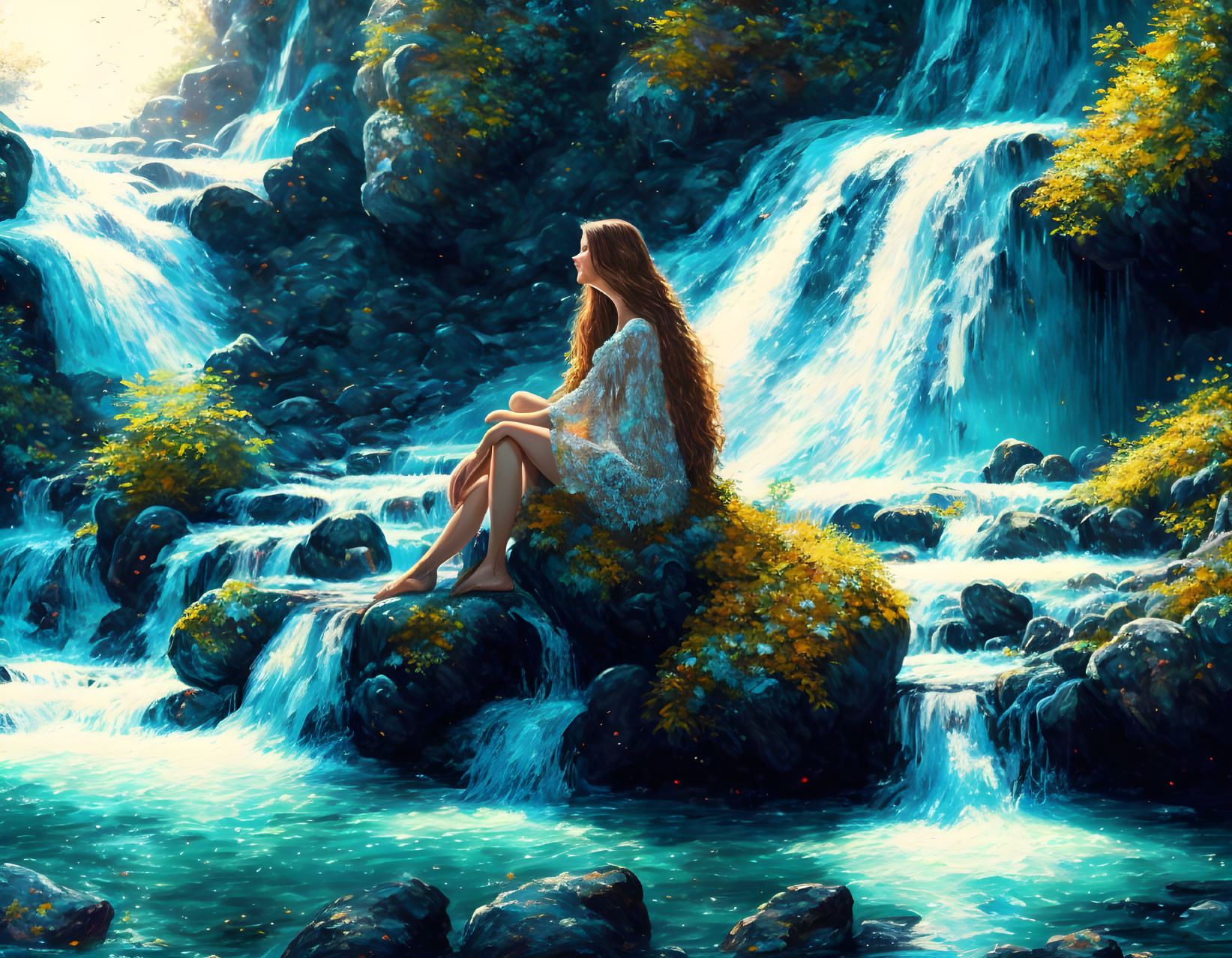 Woman in White Dress Sitting by Moss-Covered Rock Near Waterfall