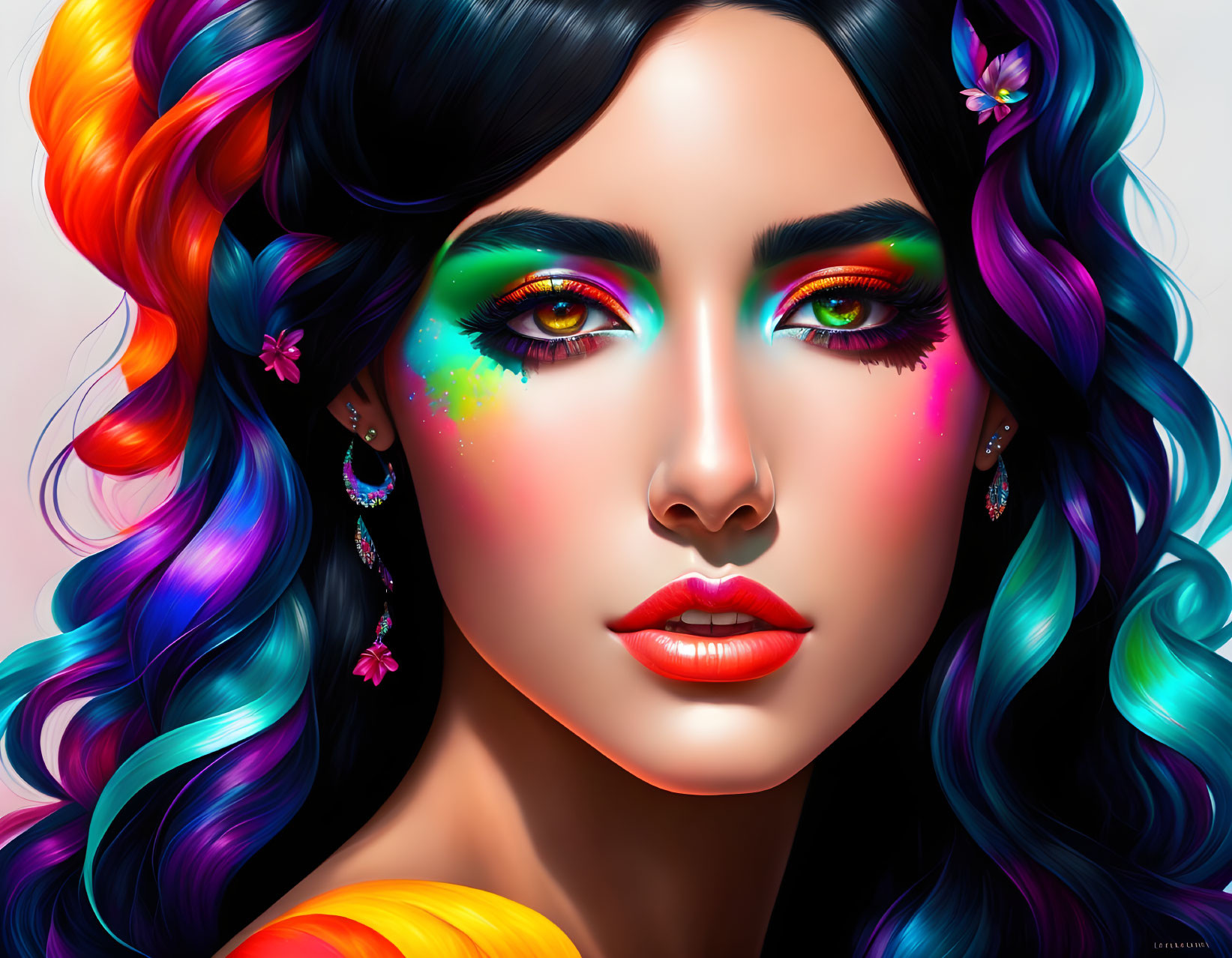 Colorful digital artwork: woman with rainbow hair, bold makeup, and floral hair accessories