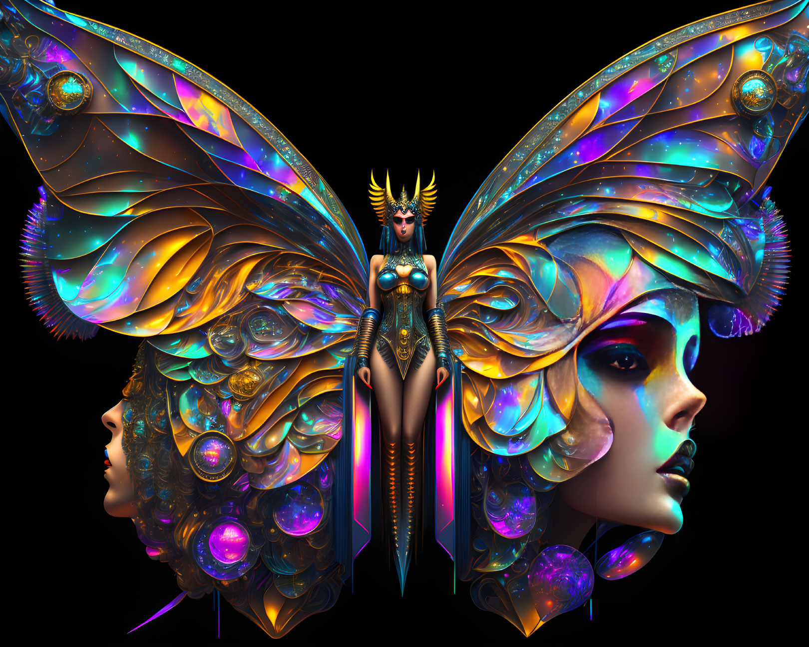 Digital Artwork: Central Character with Butterfly Wings and Ornate Headdresses