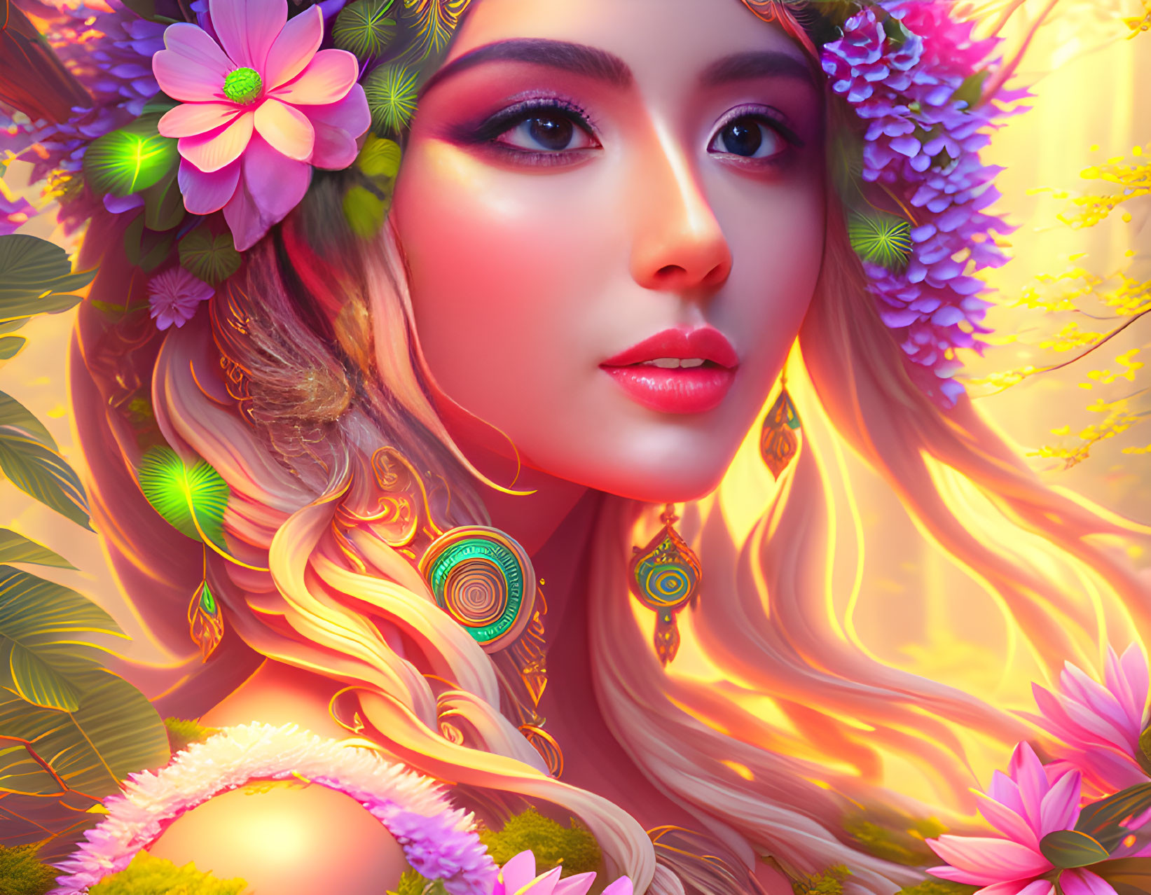 Vibrant digital artwork: Woman with golden hair, colorful makeup, and floral hair accessories.