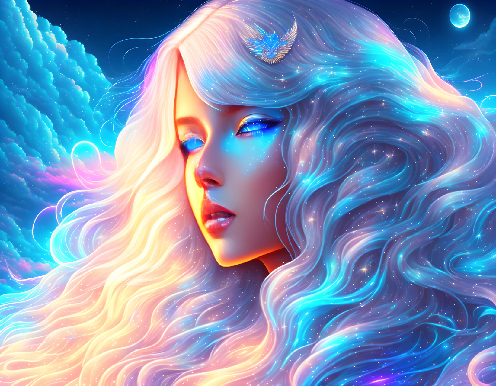 Colorful surreal portrait of fantasy woman with flowing hair and winged creature in starry sky.
