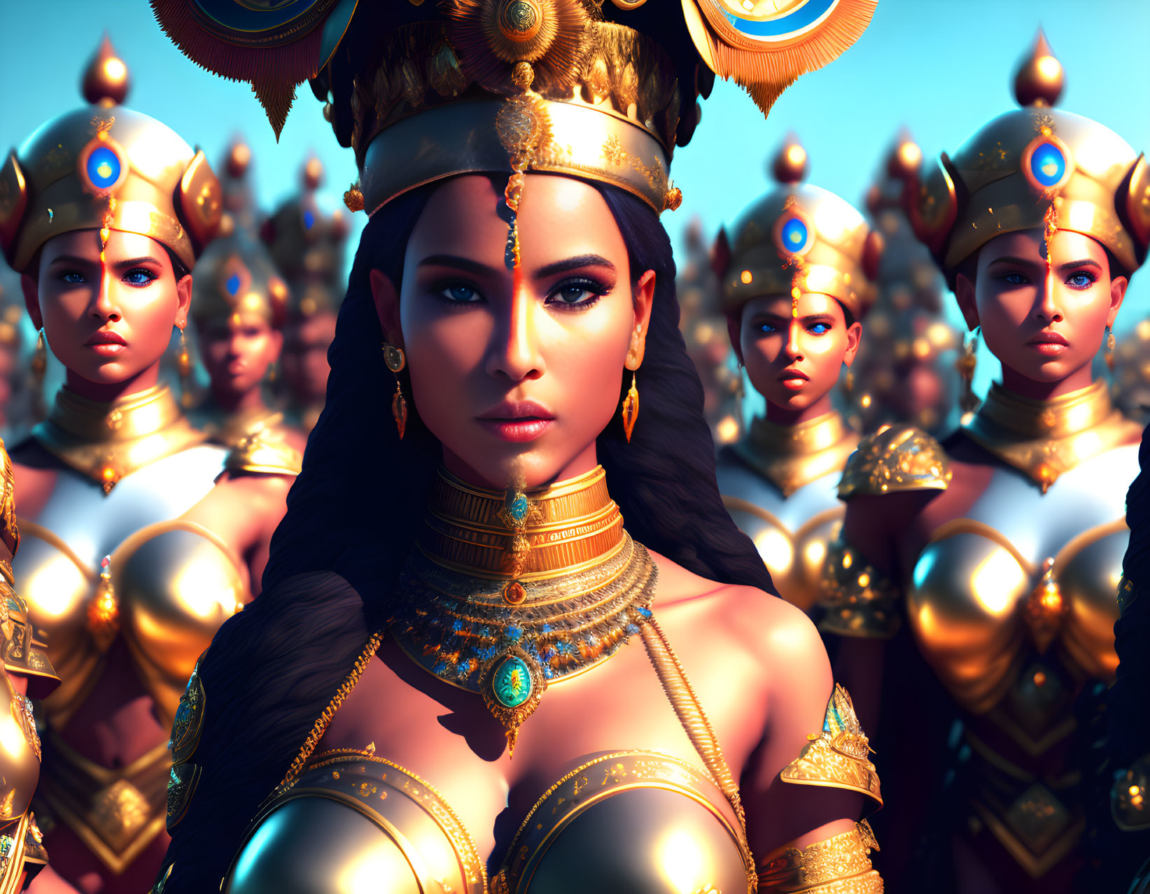Regal woman with crown and soldiers in golden armor under blue sky