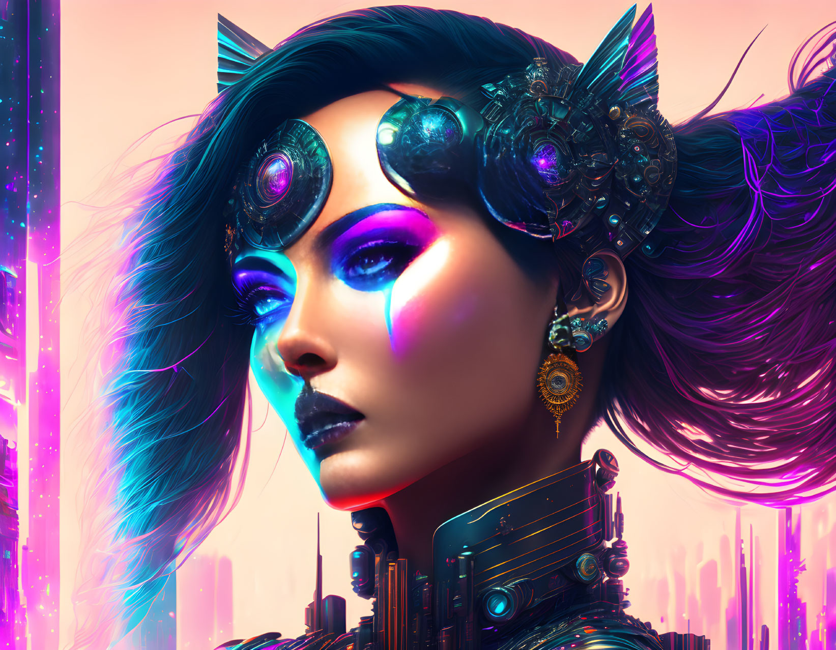 Futuristic female cyborg with blue hair and glowing lights in neon cityscape
