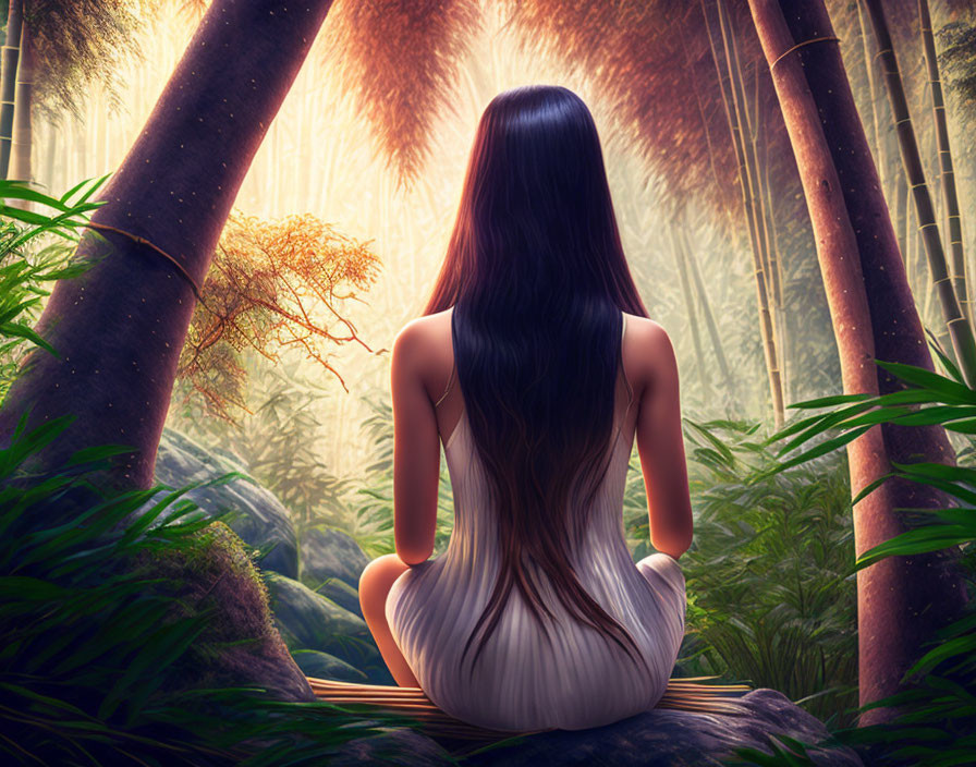 Girl meditating in a bamboo forest