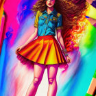 Vibrant drawing of stylish woman in denim shirt and yellow skirt with artistic flames and pencils.