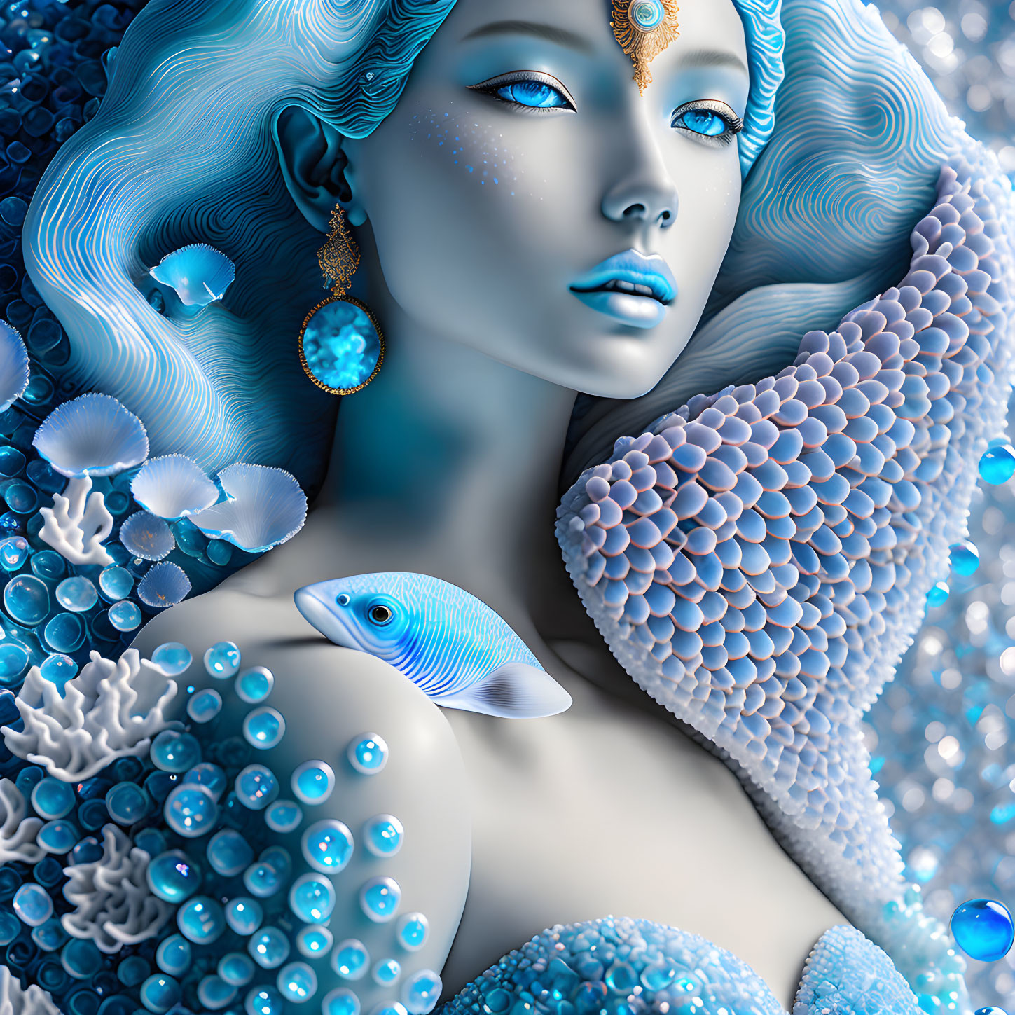 Blue-hued image of a woman with oceanic features and aquatic life, coral, fish, intricate