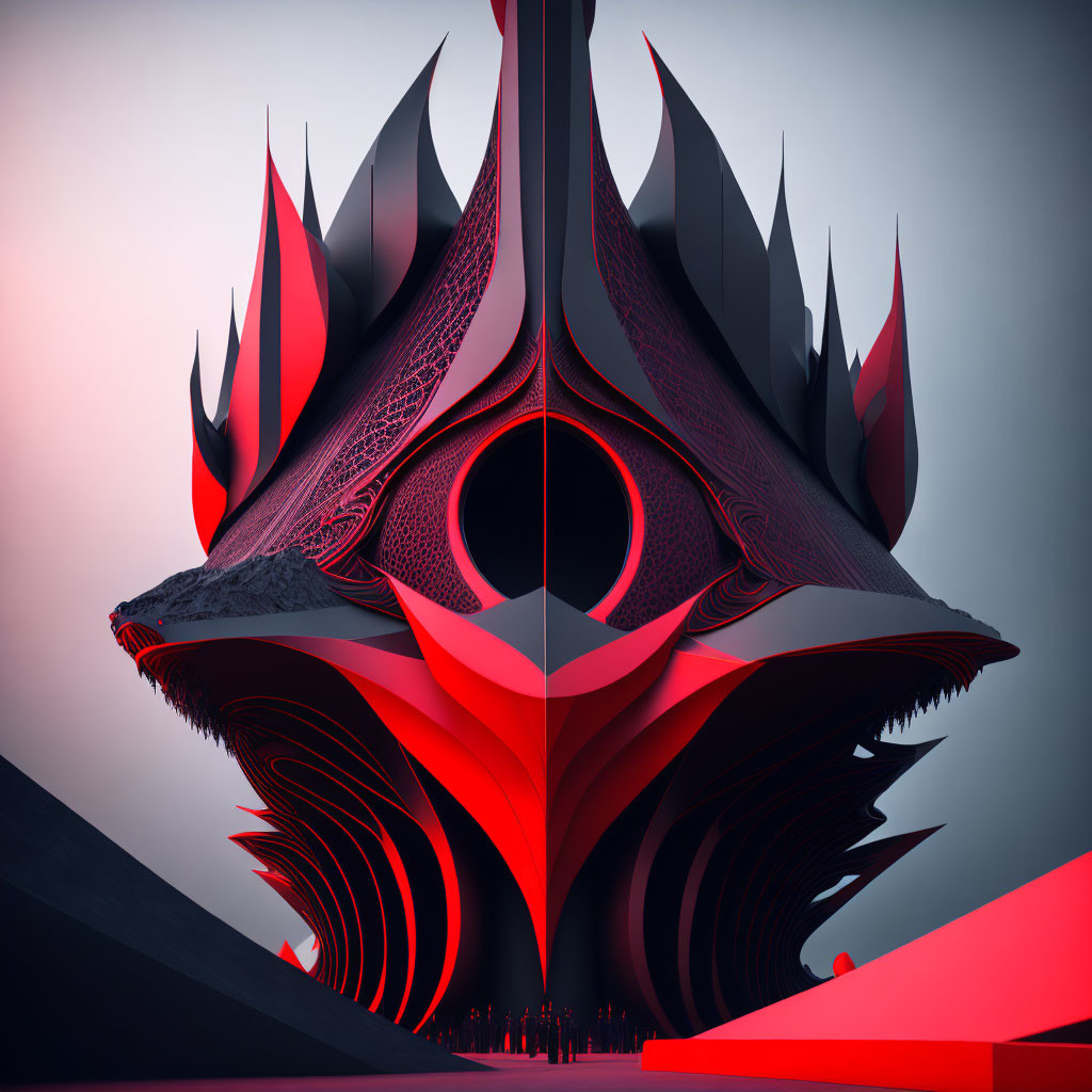 Symmetrical layered structure in red and black hues with pointed edges
