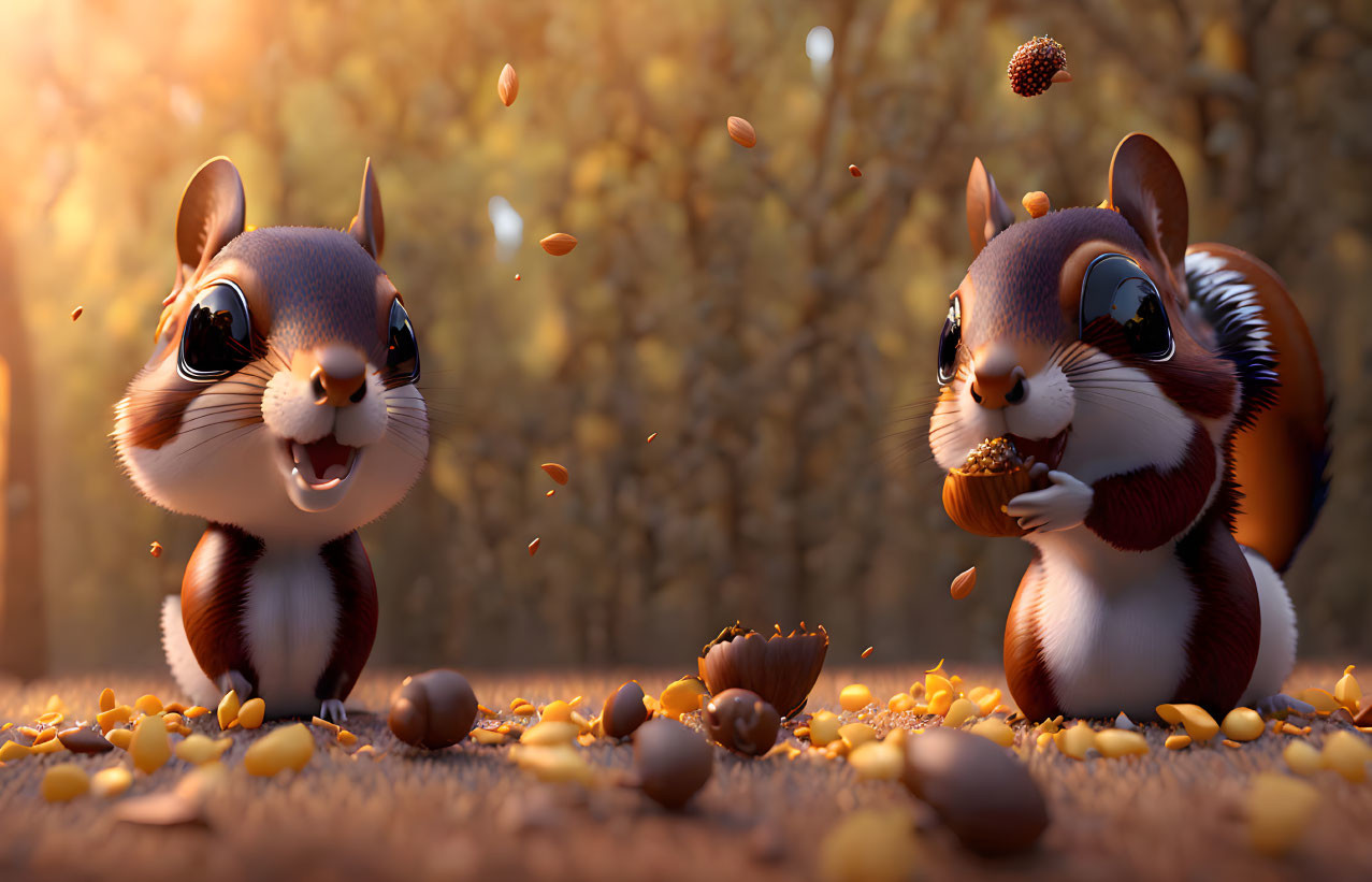 Two animated squirrels in a forest catching falling acorns surrounded by autumn leaves and golden light.
