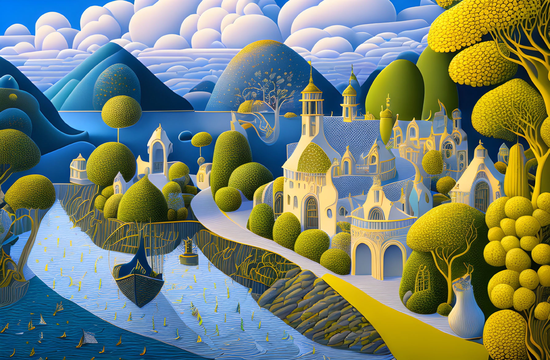 Detailed surreal landscape with stylized castle, whimsical trees, boats on river, fluffy clouds
