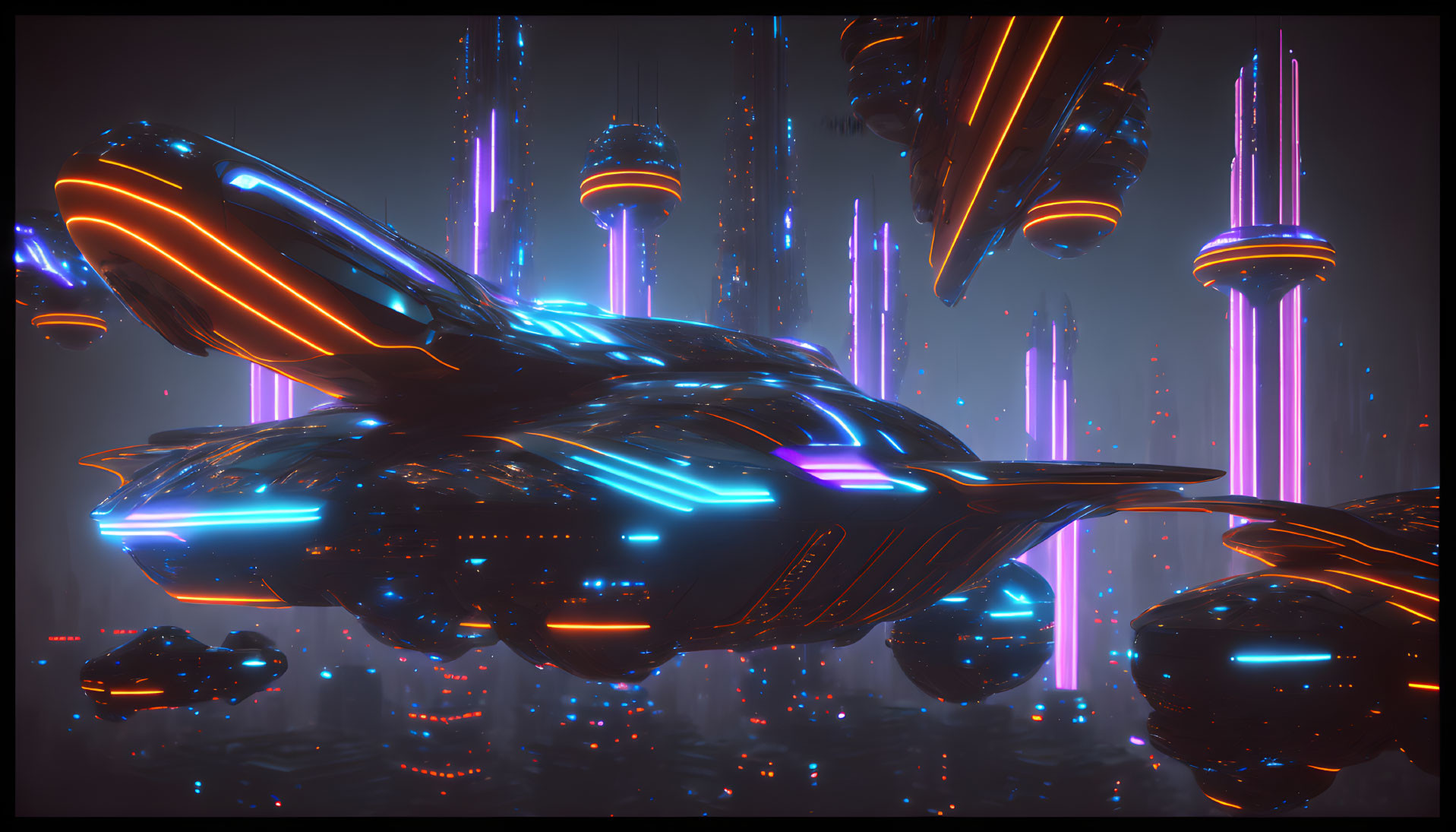 Futuristic spaceship with neon blue lights in cityscape.