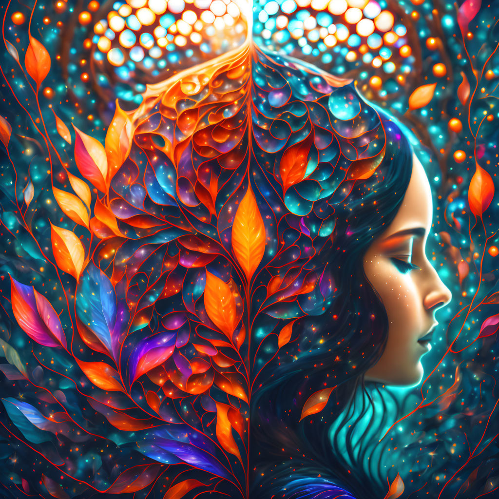 Woman's profile merges with autumn leaves on blue background in vibrant digital art