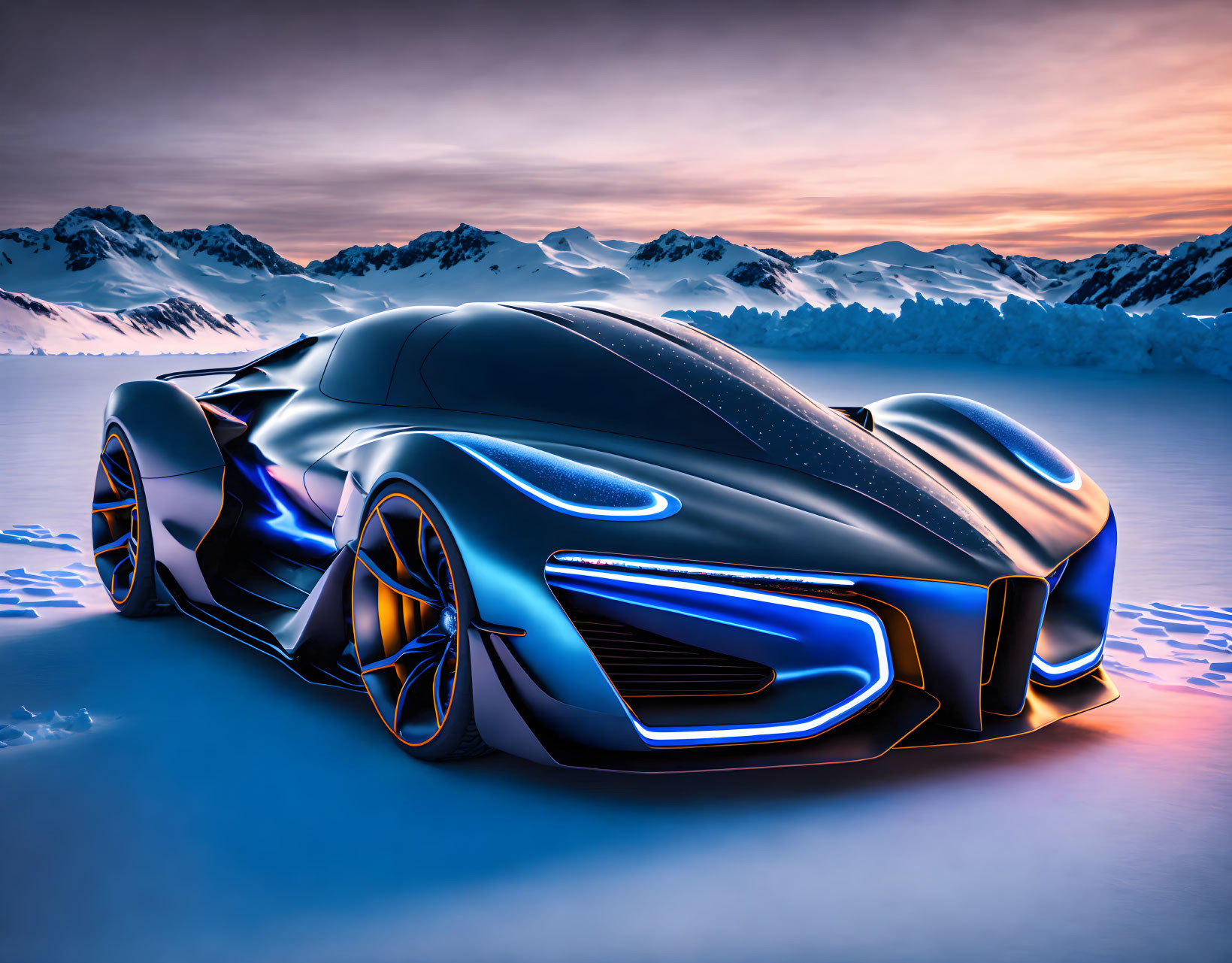 Sleek futuristic car with glowing blue accents on icy surface