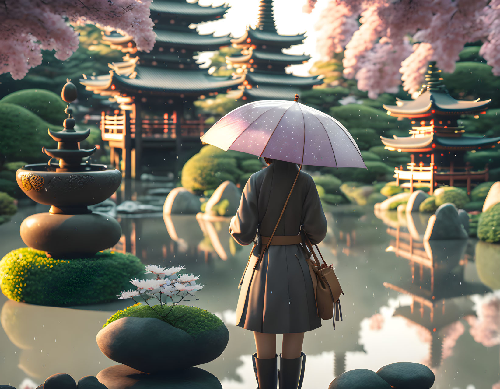 Serene Japanese garden with pagoda, umbrella, and cherry blossoms