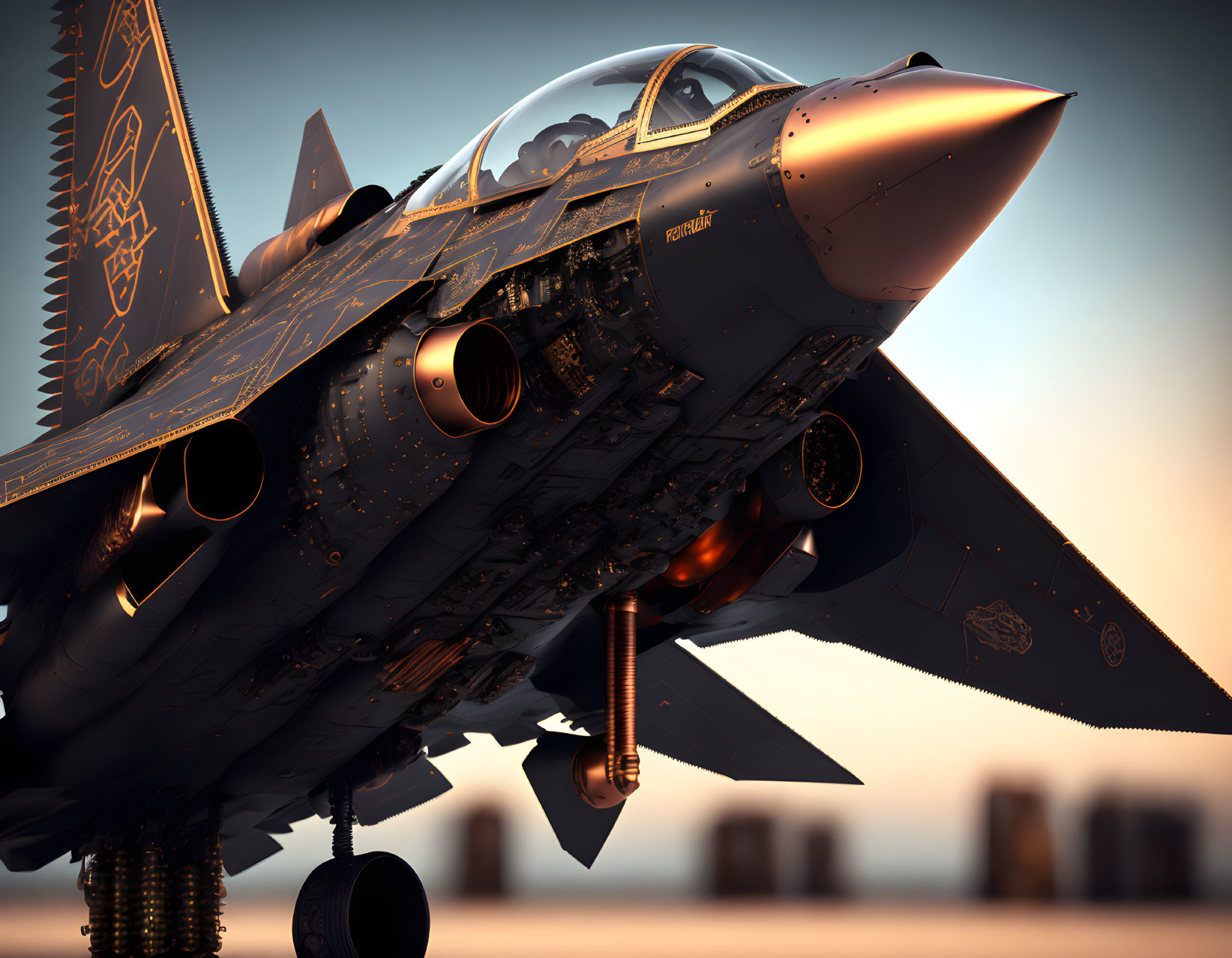 Detailed Close-Up View of Parked Fighter Jet at Dusk
