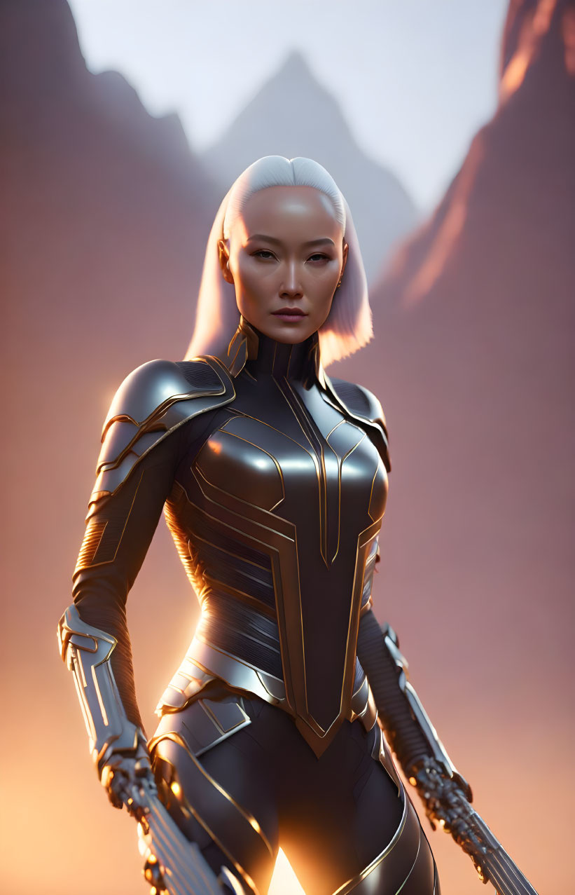 Pale-skinned woman in black and gold futuristic armor against mountain backdrop at sunset
