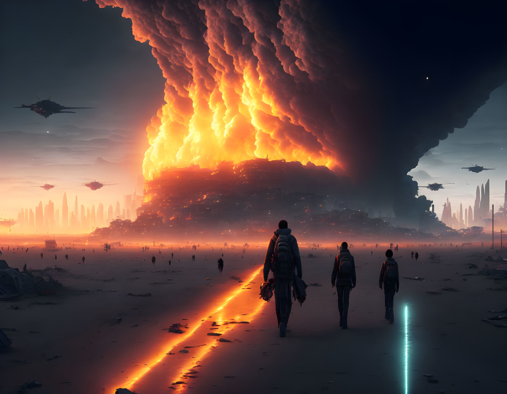 Three individuals in futuristic gear approach fiery explosion in dystopian cityscape.