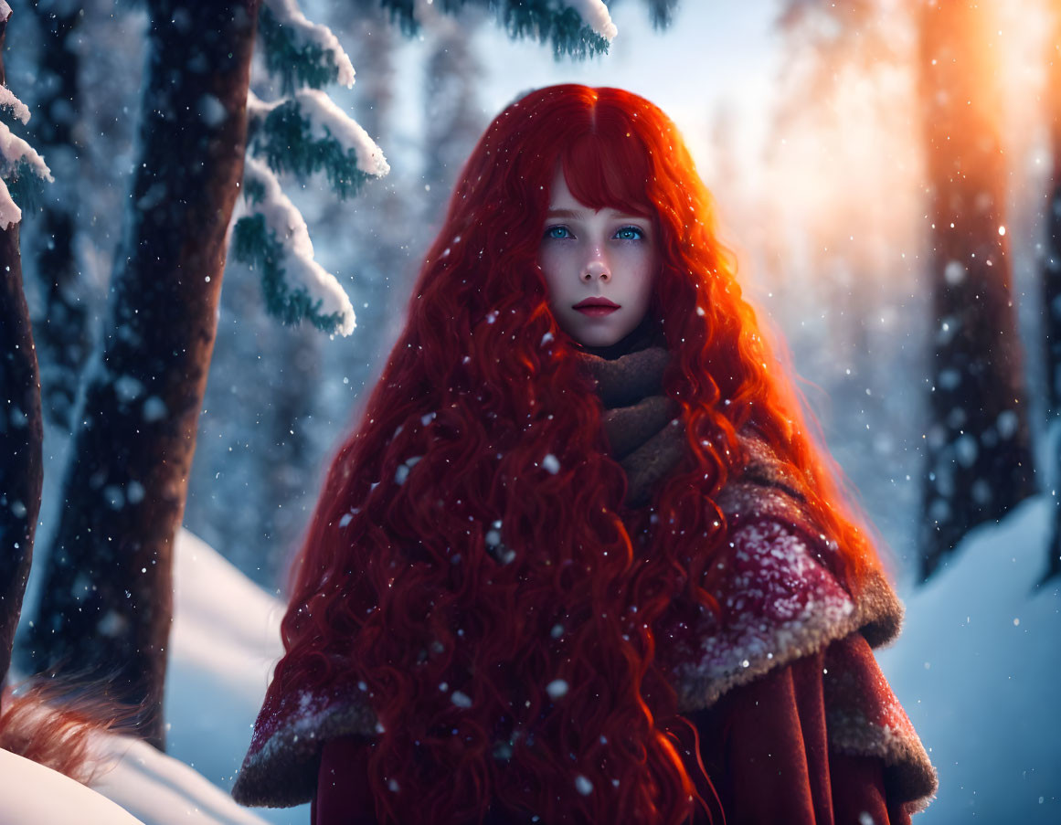 Vibrant red-haired woman in snowy forest with matching cloak