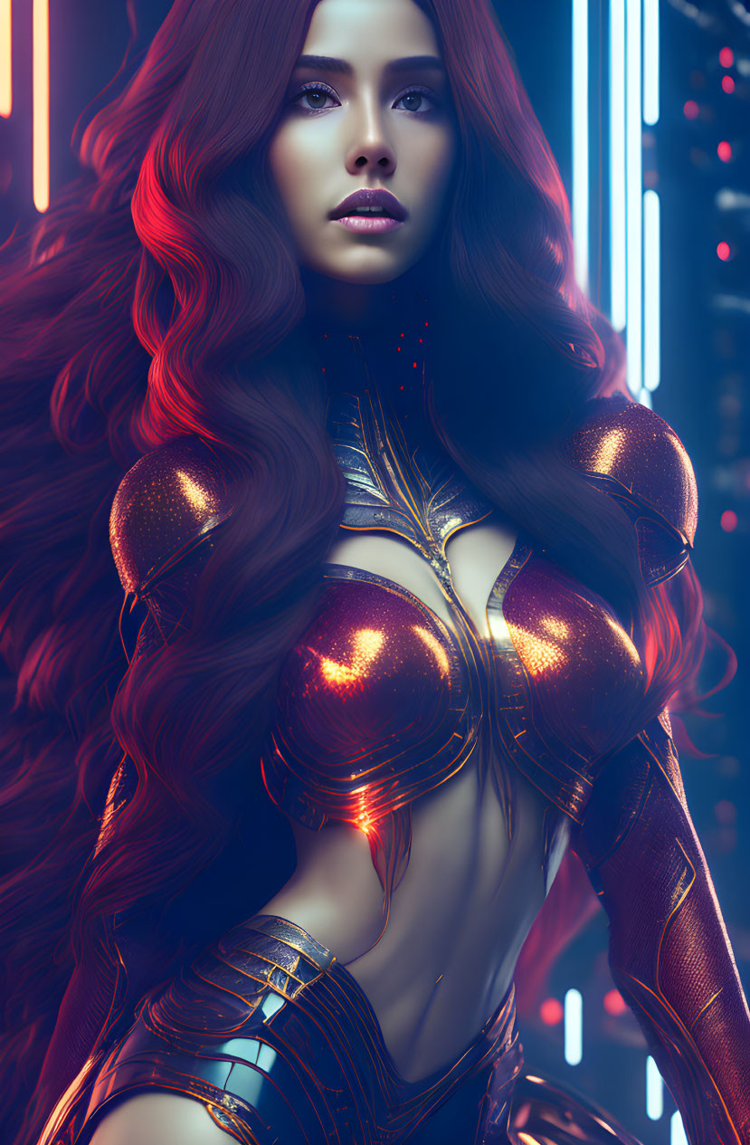 Red-Haired Woman in Futuristic Gold Armor on Neon Sci-Fi Background