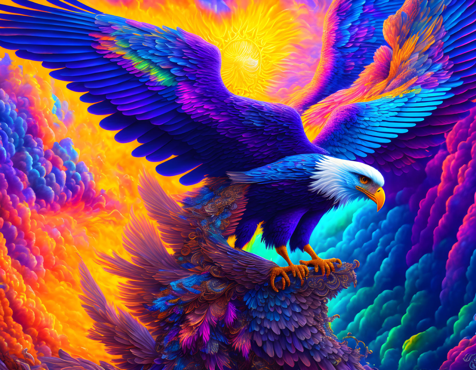 Colorful digital artwork: Majestic eagle soaring amidst psychedelic clouds and radiant sun