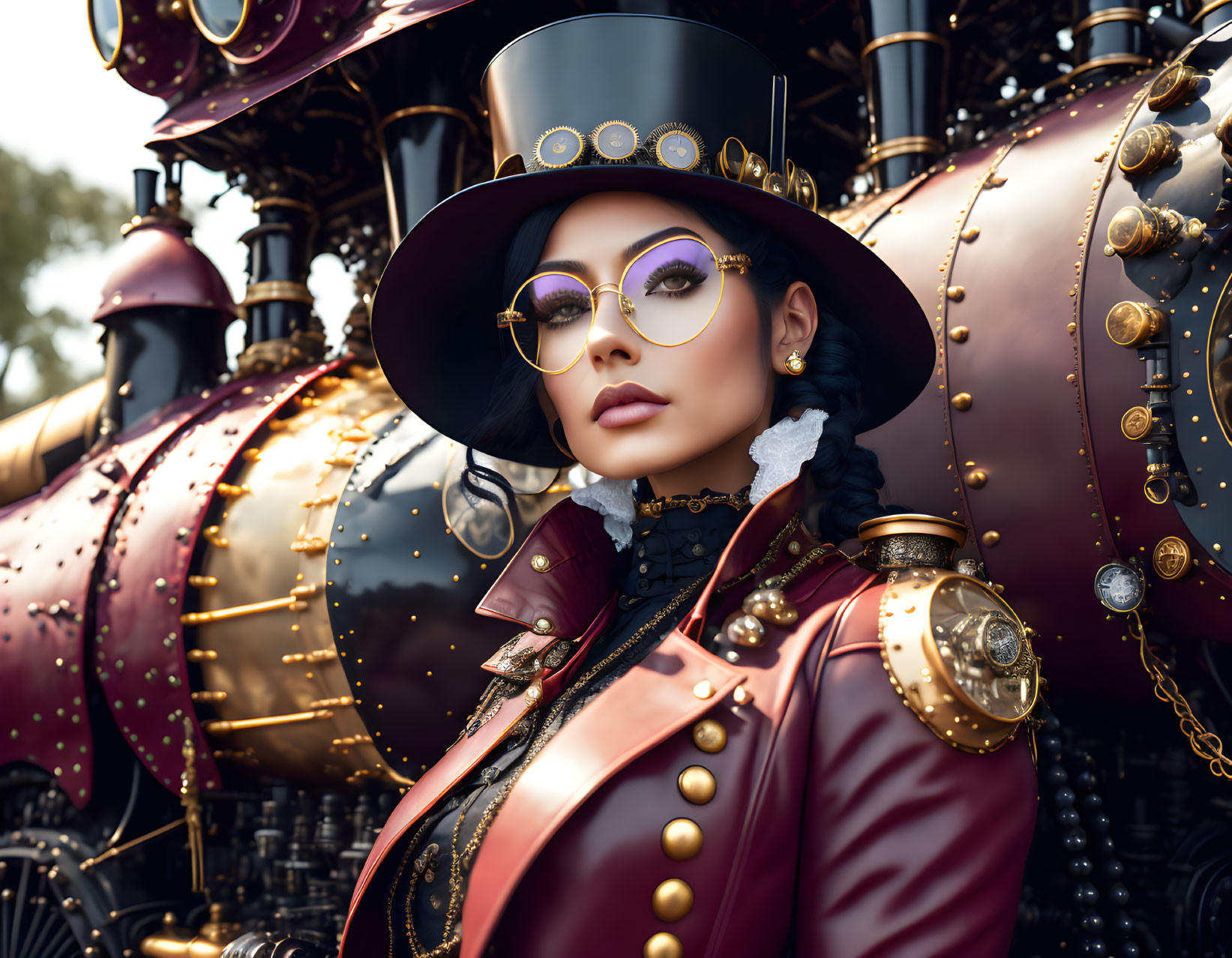 Steampunk-themed person posing in front of vintage train.