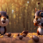Two animated squirrels in a forest catching falling acorns surrounded by autumn leaves and golden light.