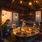 Family Meal in Cozy Wooden Cabin with Snowy Landscape