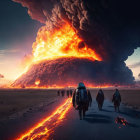 Three individuals in futuristic gear approach fiery explosion in dystopian cityscape.