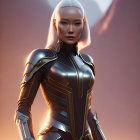 Pale-skinned woman in black and gold futuristic armor against mountain backdrop at sunset