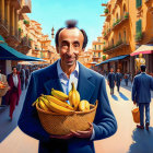 Man holding basket of bananas in busy street scene