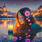 Serene woman with flowers and candle in twilight setting