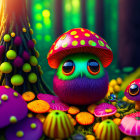 Colorful Cartoon Creature in Enchanted Forest with Mushrooms