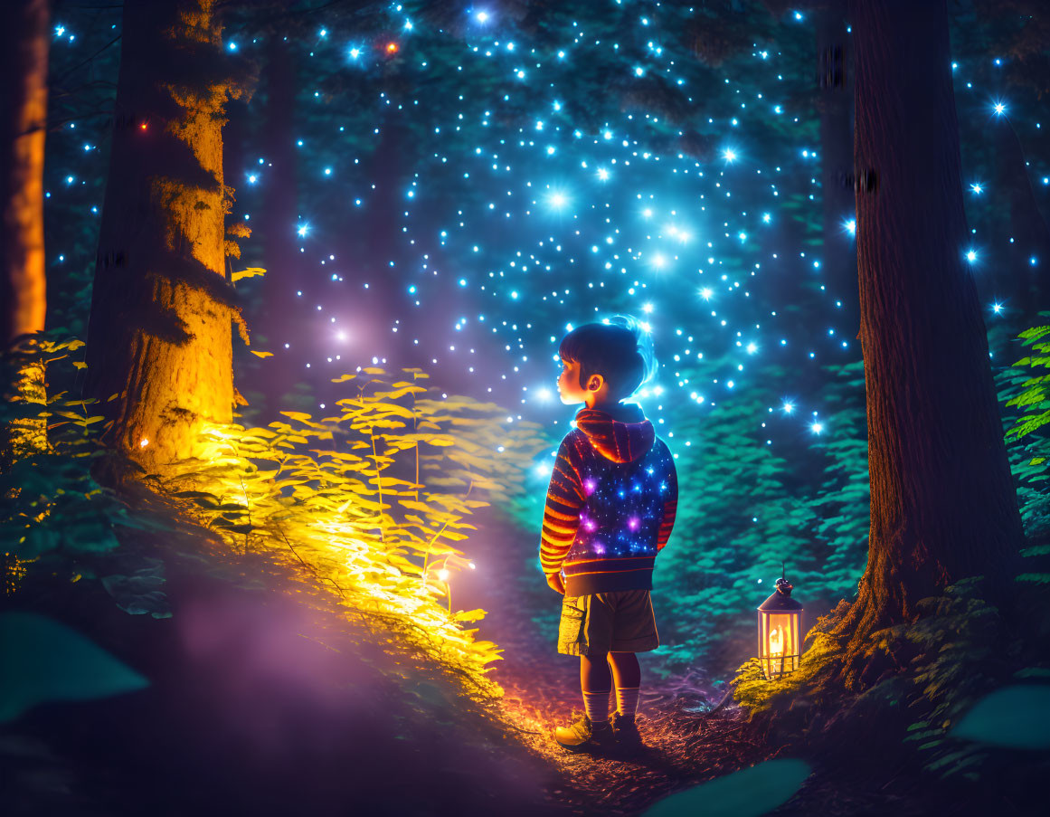 Child in forest at night with lantern, mesmerized by glowing blue lights among trees